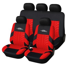AUTOYOUTH Full Set Seat Covers for Cars Universal Fit Car Seat Protectors Tire Tracks Car Seat Accessories - 9PCS, Black/Red