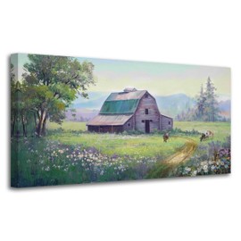 Acocifi Farmhouse Cabin Wall Art Canvas Rustic Cow Barn Landscape Picture Nature Wildflower Painting, Textured Artwork Large Framed for Living Room Bedroom Bathroom Kitchen Office Home Decor 40"x20"