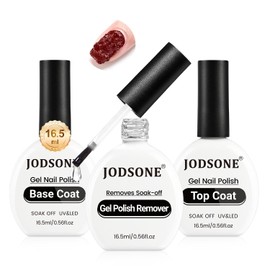 JODSONE 3Pcs 16.5ml Top Coat and Base Coat Set with Gel Nail Remover No Wipe Top Coat Base Need U V Lamp Cured Gel Nail Remover for Quick and Easy Removal At Home