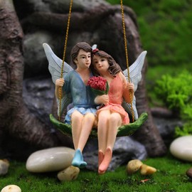 Mrisata Couple Fairy on a Swing Hanging Statue, Garden Flower Fairy Statue Garden Couple Fairy Figurine Fairy Girl and Boy Sitting on Swing Sculpture for Garden Hanging Decor Ornament (A)
