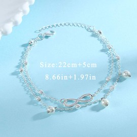 Zoestar Boho Double Anklet Silver Pearl Ankle Bracelet Beads Chain Forever Foot Jewelry for Women and Girls