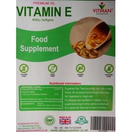 VitMan Nutrition Vitamin E 400 IU, 120 Softgels 4 Month Supply, Natural Antioxidant Source Vitamin E, D-Alpha Tocopherol, High Potency and Absorption, Made for VitMan Nutrition (120)