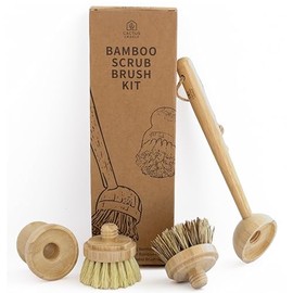 Cactus Cradle Bamboo Scrub Brush Set (4-Piece Kit) – Plastic-Free Kitchen Scrub Brushes with 2 Ergonomic Handles & 2 Interchangeable Plant-Based Brist