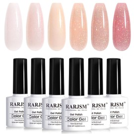 RARJSM Glitter Gel Nail Polish Nude Gel Polish 6pcs Set Shimmery Jelly Nail Gel Polish Iridescent Sparkly Pale Pink Purple Apricot Beige Translucent Natural Skin Tone Color 7.5ml Soak off UV LED Cured