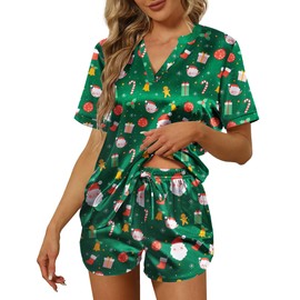 Ekouaer Silk Pajamas for Women Short Sleeve Sleepwear Two-piece Pjs Set Soft V Neck Loungewear Tops with Pj Shorts Christmas Green X-Large
