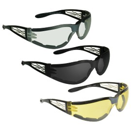 Bikershades Motorcycle Riding Safety Glasses Foam Padded Chrome Flame Design Men Women. Smoke, Clear and Yellow Combo
