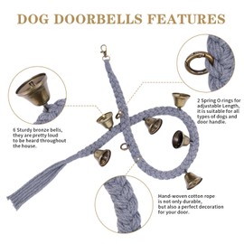 KLOGTSIND 2 Pack Dog Bells for Door Potty Training, Handwoven Cotton Rope Dog Doorbell with 6 Extra Loud Bells, Adjustable Dog Door Bells for Small Medium Large Dogs to Ring to Go Outside, Grey