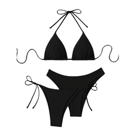 GORGLITTER Women's 3-Piece Bikini Sets Halterneck Bikini Sets Swimwear Three-Piece Swimsuits Triangle Backless Bikini Bottoms with Bows, black, S