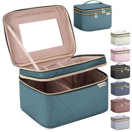 HXLGMD Large Makeup Bag with Mirror Double Layer Travel Make Up Organizer Case, Large Capacity Coemetic with Brush Slot Divider, Travel Toiletry Bag for Women (Lake Blue)