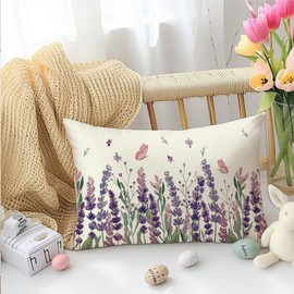 RABUSOFA Spring Pillow Cover 12x20 Inch,Purple Lavender Flowers Throw Pillow,Pink Floral Butterfly Decorations Summer Cushion Covers Decor Farmhouse Home for Sofa Couch(7-12)