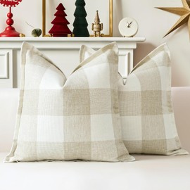 Sungeek Set of 2 Buffalo Plaid Tartan Cushion Covers, Decorative Cushion Covers, Christmas Checked Cushion Cover, Decorative Cushion Cover for Sofa, Bedroom, Living Room, 60 x 60 cm (Beige)