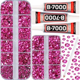 b-7000 Glue on 7500Pcs Hot Pink Rhinestones Flatback for Crafts Clothing Clothes Fabric Shoes Jerseys, Crystals Diamonds Gems Flat Back Rhinestone Kit Multi Sizes SS 6 to SS 20