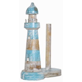 WorldBazzar New Hand Carved Lighthouse Teal Color Design Paper Towel Holder Wood Carving Nautical Statue Kitchen Gadget Sculpture, Brown, Blue, White Wash, White, Wash, Aqua, Teal, Green, Marine