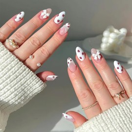 Cute Strawberry Press on Nails Medium Almond French Tip Fake Nails Acrylic White & Pink False Nails 3D Bow Stick on Nails with Pearl Designs Artificial Full Cover Glue on Nails for Women Girls 24Pcs
