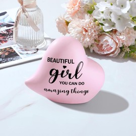 Titanape Women Girls Gift, Beautiful Girl You Can Do Amazing Things Pendant Inspirational Birthday Valentines Gifts for Girls Daughter Adult Gift Friends Pink Heart Shaped Ceramic Aesthetic Room Decor