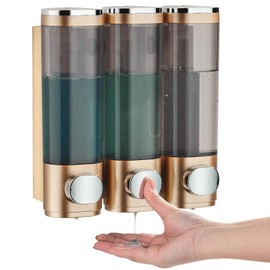 Shampoo and Conditioner Dispenser, Pollock Shower Soap Dispenser 3 Chamber No Drill, Wall Mounted Shampoo Body Wash Conditioner for Bathroom Large Capacity, Hotel Gold