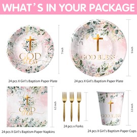Suhelkit God Bless Baptism Decorations Tableware Girl - First Communion Decorations Supplies, Plate, Cup, Napkin, Fork, Baptism Plates And Napkins Set For Christening Baby Shower Religious | Serve 24