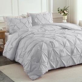 Andency Light Grey King Size Comforter Set, 3 Piece Gray Pinch Pleat Fluffy Lightweight Bedding Set, All Season Soft Microfiber Bed Set