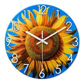 XFM Sunflower Glass Kitchen Wall Clock 16 Inch Silent Non Ticking Battery Operated Clock Big Yellow Floral Round Clock for Living Room Bedroom Bathroom Office Decor