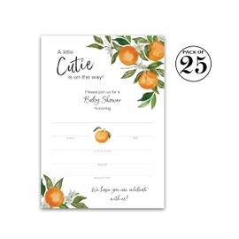 A Little Cutie is on the Way Invitation — Pack of 25 — Gender Neutral Orange Baby Shower Invitations, Citrus Baby Shower Theme, 5”x7” Invites for Couples Coed Shower, Blank fill-in Invites I350-INV1