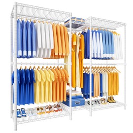 Ulif E12 Clothes Rack，Heavy Duty Freestanding Garment Rack with Shelves，Metal Clothing Closet Storage System for Hanging Clothes，71" W x 16" D x 76.5" H, Hold 960 lbs，White