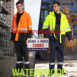 NAVIS MARINE Rain Suit for Men Heavy Duty Workwear Waterproof Jacket with Pants 3 Pieces (Fluorescent Yellow, Small)