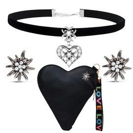 YDUNARISE Costume Jewellery Women's Set, Costume Necklace Earrings with Rhinestone Edelweiss Heart Pendant, Costume Handbag, Oktoberfest Accessories