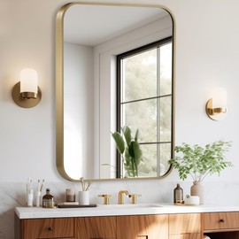 CLBA Matte Gold Mirror, 22x30 Inch Brushed Gold Mirror, Aluminum Alloy Framed Vanity Mirror, Rounded Rectangle Bathroom Mirror for Over Sink, Anti-Rust Wall Mirror (Horizontally or Vertically)