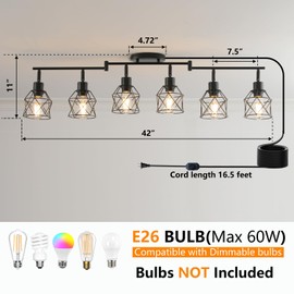 vivihobb Dimmable 6 Light Plug in Ceiling Light,Black Plug in Track Lighting Kit with 16.5' Cord,Flexibly Rotatable Light Head,Modern Industrial Farmhouse Style(Bulbs Not Included)