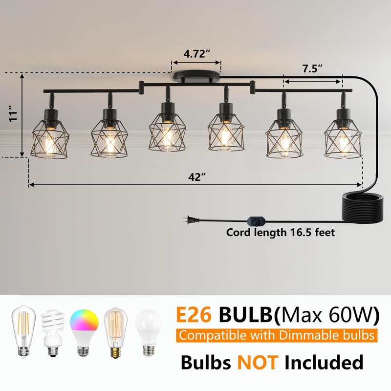 vivihobb Dimmable 6 Light Plug in Ceiling Light,Black Plug in
