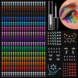 7 Sheets Rhinestone and Face Stickers Mixed shape Colorful Self Adhesive Face Gems, Stick on Body Crystal Jewels with Quick Dry Makeup Glue for Face Eye Hair Nails Make up and Craft Decorations