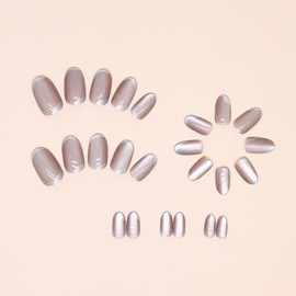 TBRZTR Cat Eye False Nails Silver French Press on Nails Short Oval Fake Nails Artificial Acrylic Nails Solid Color False Nails Full Cover Glossy Reusable Coffin Nails Glue on Nails for Women Supplies