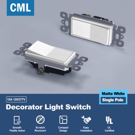 CML Matte White Decorator Single Pole Light Switch, Rocker Paddle Wall Switch, 15A 120/277V, On/Off Interrupter, UL Listed, 20 Pack