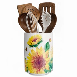 Sunddo Sunflower Utensil Holder, 6.7" Large Utensil Crock, Ceramic Cooking Utensil Holder for Kitchen Counter, Utensil Organizer for Kitchen Decor