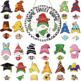 Wenqik 41 Pcs Christmas Interchangeable Sweet Gnome Signs Holiday Wooden Seasonal Gnome Decor Detachable Magnet Hat and Hand Welcome Sign for Home Decoration(Buffalo,Black White)