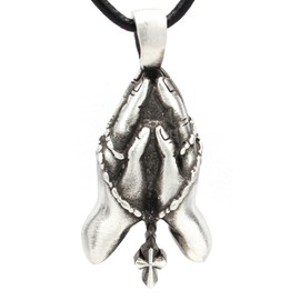 Trilogy Jewelry Pewter Praying Hands with Rosary Beads Pendant on Leather Necklace