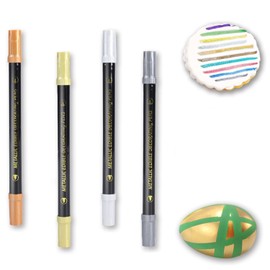 ZJSJSP Edible Metallic Markers Food Coloring Pens Fine and Thick Tip Food Upgrade Gold Shimmering Pens for Cookies Cakes Baking Decorating Drawing（4PCS) (Gold, Silver, Rose Gold, Black, 4PCS)
