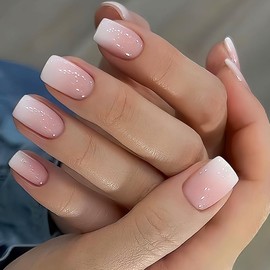 24 Pcs Press On Nägel Kurz, Eckige Künstliche Fingernägel zum Aufkleben, Acryl Press On Nails French, Full Cover Künstliche Nägel für Frauen und Mädchen (Natural)