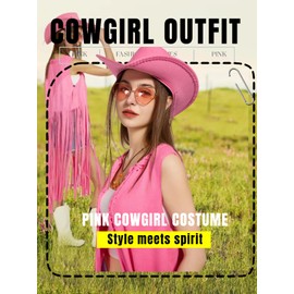 6 PC Cowgirl Western Outfits for Women Retro Cowgirl Costumes Fringe Vest Cow Girl Hat for Women Country 70s Hippie Outits (Pink, M)