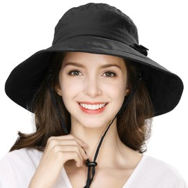 XL Packable Summer Cotton Sun Hat Bucket UV UPF 50+ Protection Wide Brim Beach Gardening for Extra Large Big Head Women Black 60-62CM