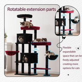 Hey-brother Cat Tree Tower, Scratching Posts with a Extended Part, Wide Platforms, Cozy Condos, Hammocks, Sisal Columns and Ball for Indoor Cats, 70.1 Inches, Black and Red MPJ038BR