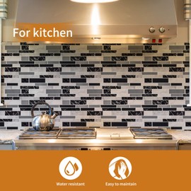 WOWSTAR 10-Sheet Peel and Stick Backsplash Tile for Kitchen Wall, Back Splash Stick On Tiles for Kitchen (12"x 12", Black Marble)