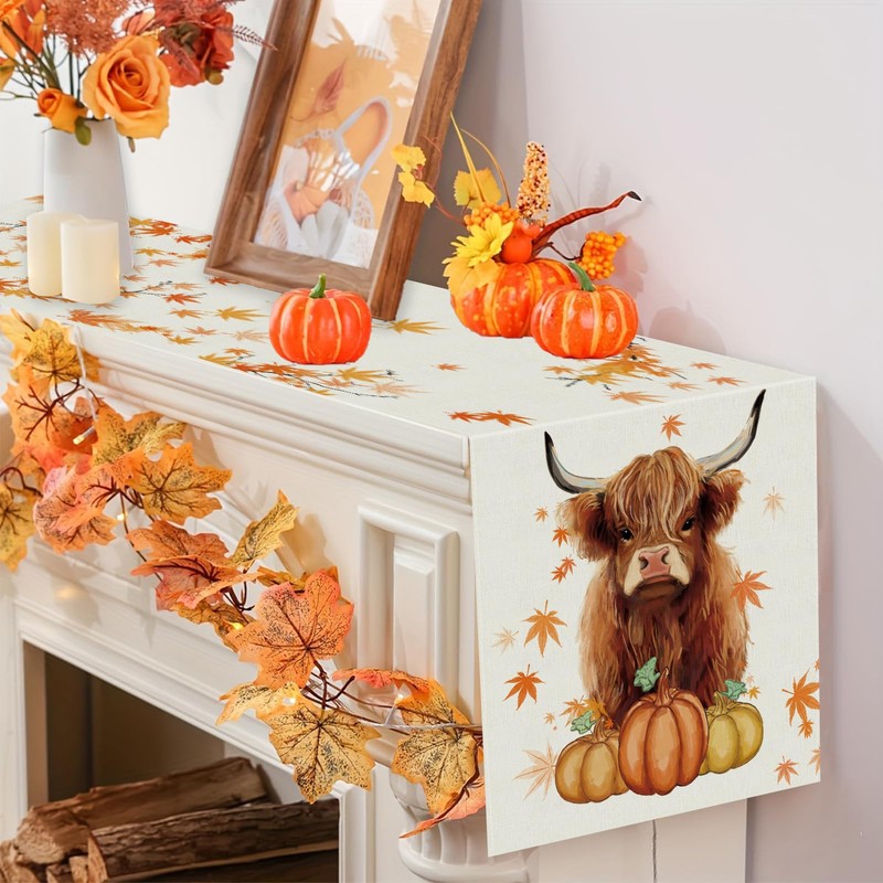Fall Table Runner Cow Pumpkin Maple Branch Burlap Table Runners
