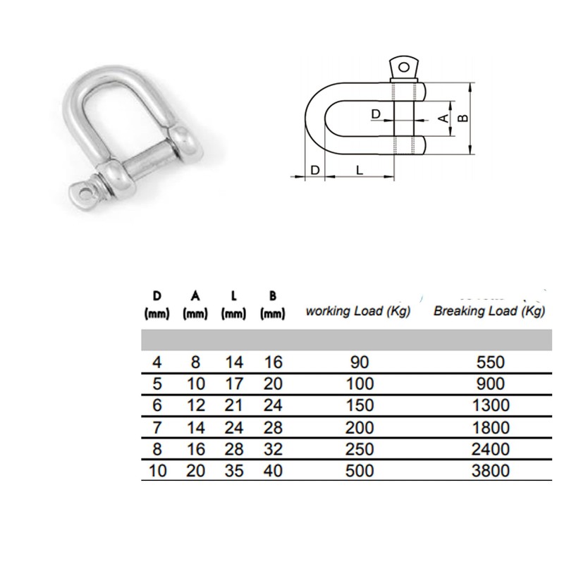 8mm D-Shackles Stainless Steel A4-Marine Grade (316) - for connecting