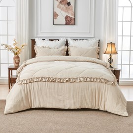 Simple&Opulence 100% Cotton Muslin Duvet Cover Set, 3 PCS Gauze Shabby Chic Ruffle Comforter Cover with 2 Pillowshams Frill Farmhouse Textured Hand Stitching Bedding Quilts Set(Khaki, King)
