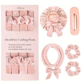 【A1】Heat-Free Curling Set-5-Piece Set for Frizz-Free Beach Waves(including one non-heated curling iron, one night cap, one delicate clipper and two hair bands.):_pink