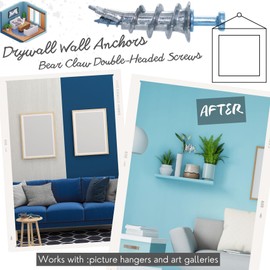 Drywall Self-Drilling Anchors with Screws Kit - Double-Headed Bear Claw Wall Picture Hangers Screw, D-Ring Steel Picture Hanger, 4-in-1 Hanging Hooks for Sawtooth, Wire, Keyholes Hanging