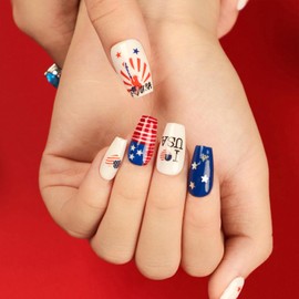 Vopintpy 4th of July Press on Nails Patriotic American Flag Fake Nails with Design Medium Square Glossy Stick on Nails Independence Day Acrylic Glue on Nails for Women Girls