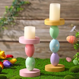 Hushee 2 Pcs Easter Candle Holder Easter Decorations Candlestick Holder Spring Home Decoration 9.5 Inch and 7.5 Inch Tall Candlestick Holders Easter Eggs Candlesticks for Fireplace Easter Party