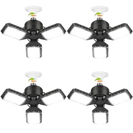 4 Pack Led Garage Lights, 60W Deformable Garage Ceiling Light 8000 lm E26 Basement Lights with 3 Adjustable Led Panels, Fits for Warehouse, Workshop, Barn, and Yard